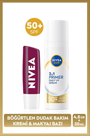 SUN SPF50 Primer Nemlendirici Makyaj Bazı 30ml ve Böğürtlen Nemlendirici Dudak Kremi ve Parlatıcısı