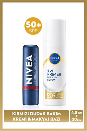 SUN SPF50 Güneş Koruyucu Primer Nemlendirici Makyaj Bazı30ml ve Kırmızı Renk Nemlendirici Dudak Krem