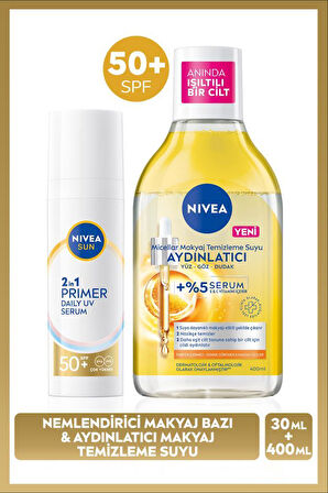 SUN SPF50 Güneş Koruyucu Primer Nemlendirici Makyaj Bazı 30ml ve Micellar Makyaj Temizleme Suyu400ml