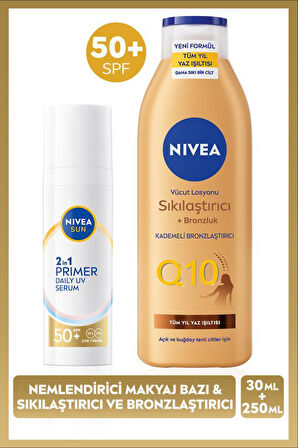 SUN SPF50 Güneş Koruyucu Nemlendirici Makyaj Bazı 30ml ve Sıkılaştırıcı Bronzluk Vücut Losyonu 250ml