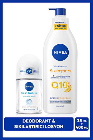 Q10 Sıkılaştırıcı Nemlendirici Vücut Losyonu400ml ve Kadın Mini Roll-on Deodorant Fresh Natural 25ml