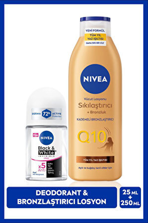 Q10 Bronzlaştırıcı Vücut Losyonu 250ml ve Mini Roll-on Deodorant Black&White Invisible Clear 25ml