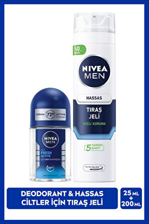 MEN Erkek Hassas Ciltler İçin Koruyucu Tıraş Jeli 200ml ve Mini Roll-on Deodorant Fresh Active 25ml
