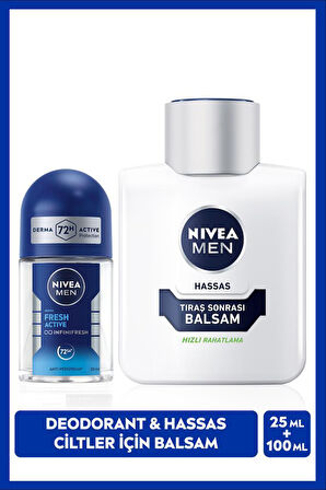 MEN Erkek Hassas Ciltler İçin Tıraş Sonrası Balsam 100ml ve Mini Roll-on Deodorant Fresh Active25ml 