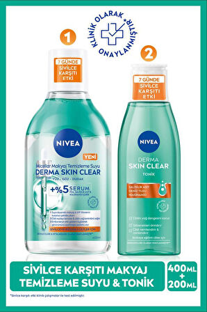Derma Skin Clear Sivilce Karşıtı Tonik 200ml ve Micellar Makyaj Temizleme Suyu 400ml, Niasinamid, PH