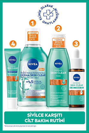 Derma Skin Clear Sivilce Karşıtı Serum 30ml, Makyaj Temizleme Suyu 400ml, Tonik 200ml ve Gece Kremi