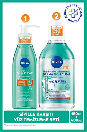 Derma Skin Clear Sivilce Karşıtı Yüz Temizleme Jeli 150ml ve Micellar Makyaj Temizleme Suyu 400ml