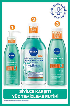 Derma Skin Clear Sivilce Karşıtı Yüz Temizleme Jeli 150ml, Makyaj Temizleme Suyu 400ml ve Tonik200ml