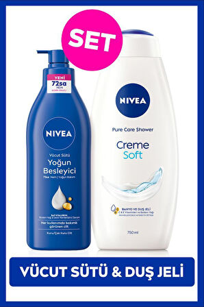 Creme Soft Kremsi Dokunuş Duş Jeli 750ml ve Besleyici Vücut Sütü 400ml, Nemlendirici, Kuru Cilt