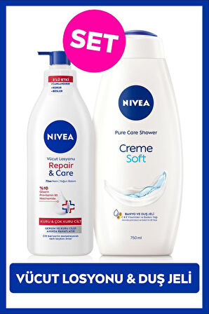 Creme Soft Banyo ve Duş Jeli 750ml ve Repair&Care Yoğun Nemlendirici Vücut Losyonu 400ml, Kuru Cilt