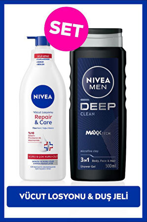 MEN Erkek Deep Dimension Duş Jeli 500ml ve Repair&Care Nemlendirici Vücut Losyonu 400ml, Kuru Cilt
