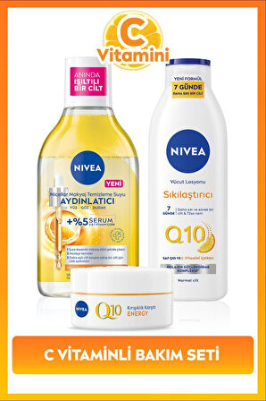 C Vitamini Bakım Seti, Q10 Sıkılaştırıcı Losyon 250ml, Gündüz Kremi 50ml,Makyaj Temizleme Suyu 400ml