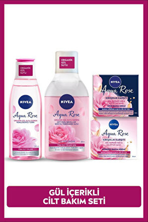 Aqua Rose Gül Suyu İçeren Çeyiz Seti, Makyaj Temizleme Suyu 400ml, Tonik 200ml, Gündüz ve Gece Kremi
