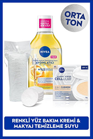 Micellar Makyaj Temizleme Suyu 400ml ve Cellular Expert Cushion Yüz Güneş Krem,Orta Ton,Pamuk Hediye