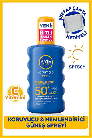 SUN SPF50 Yüksek Güneş Koruyucu ve Nemlendirici Vücut Spreyi 200ml, Suya Dayanıklı, Çanta Hediyeli