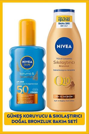 SUN SPF50 Güneş Koruyucu Bronzlaştırıcı Vücut Spreyi 200ml ve Sıkılaştırıcı Bronzluk Losyonu 250ml