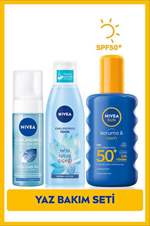 SUN SPF50 Güneş Koruyucu Vücut Spreyi 200ml, Yüz Temizleme Köpüğü 150ml, Canlandırıcı Tonik 200ml