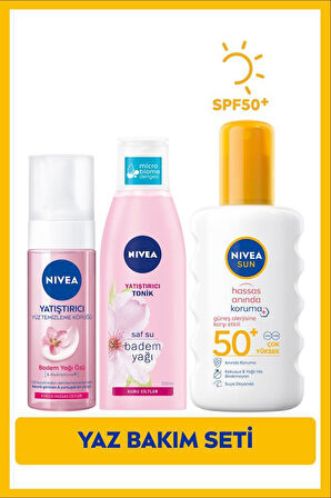 SUN SPF50 Anında Güneş Koruyucu Vücut Spreyi 200ml, Yüz Temizleme Köpüğü, Tonik 200ml, Hassas Cilt