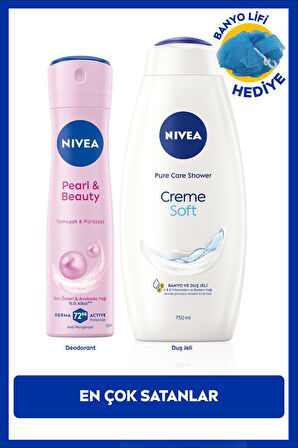 Kadın Sprey Deodorant Pearl&Beauty 150ml ve Creme Soft Kremsi Dokunuş Duş Jeli 750ml, Lif Hediyeli