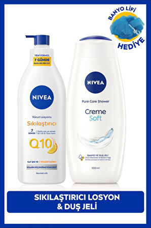 Q10 Sıkılaştırıcı Vücut Losyonu 400ml ve Creme Soft Kremsi Dokunuş Duş Jeli 500ml, Banyo Lifi Hediye