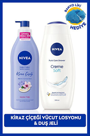 Creme Soft Duş Jeli 500ml ve Kiraz Çiçeği Nemlendirici Vücut Bakım Losyonu 400ml, Banyo Lifi Hediye