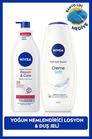 Creme Soft Duş Jeli 500ml ve Repair Care Vücut Losyonu 400ml, Lif Hediyeli, Kaşıntılı ve Hassas Cilt