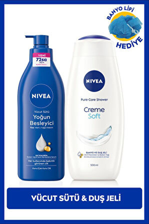 Creme Soft Duş Jeli 500ml ve Yoğun Besleyici Nemlendirici Vücut Sütü 400ml, Banyo Lifi Hediyeli