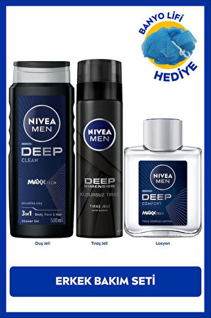 MEN Erkek Deep Dimension Duş Jeli 500ml, Tıraş Jeli 200ml ve Tıraş Sonrası Losyon 100ml, Lif Hediye