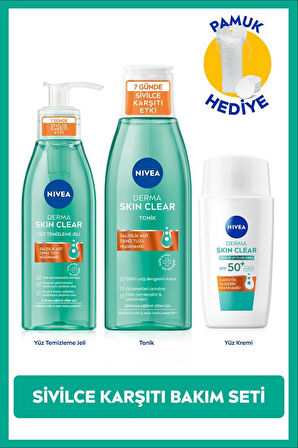 SPF50 Derma Skin Clear Sivilce Karşıtı Güneş Koruyucu Krem 40ml, Yüz Temizleme Jeli ve Tonik, Pamuk