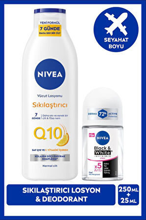 NIVEA Q10 Sıkılaştırıcı Vücut Losyonu 250ml ve Kadın Roll-on Deodorant Black&White Invisible Clear 25ml, 72 Saat Anti-perspirant Ter Koruması, C Vitamini 