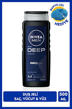 NIVEA MEN Erkek Deep Dimension Banyo Ve Duş Jeli 500ml, 3'ü1 Arada Vücut Bakım, Vücut Saç Ve Yüz, Banyo Lifi Hediyeli, Avantajlı Paket