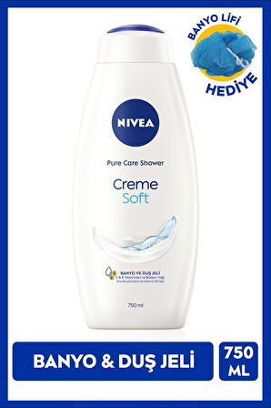 Creme Soft Kremsi Dokunuş Duş Jeli 750ml, Badem Yağı, C Vitamini, Banyo Lifi Hediyeli, Pürüzsüz ve Bakımlı Cilt, Avantajlı Paket