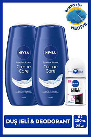 NIVEA Kadın Roll-on Deodorant Black&White Invisible Clear 25ml ve Creme Care Duş Jeli X2 Adet, Lif Hediye, 72 Saat Anti-perspirant Ter Koruması, Avantajlı Paket