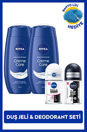 NIVEA Kadın ve Erkek Roll-on Deodorant Black&White 25ml, Creme Care Duş Jeli X2 Adet, Banyo Lifi Hediye, Avantajlı Aile Paketi