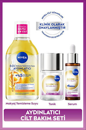 Aydınlatıcı Cilt Bakım Seti, Nemlendirici Serum, Tonik, Micellar Makyaj Temizleme Suyu, C Vitamini, Aloe Vera, Eşit Cilt Tonu