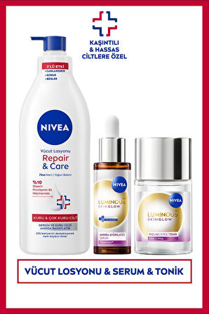 Aydınlatıcı ve Nemlendirici Cilt Bakım Seti, Serum 30ml, Tonik 100ml ve Vücut Losyonu 400ml