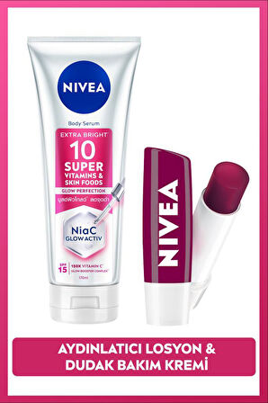 SPF15 Super10 Aydınlatıcı,Nemlendirici Vücut Losyonu 170ml ve Böğürtlen Dudak Bakım Kremi,Bakım Seti