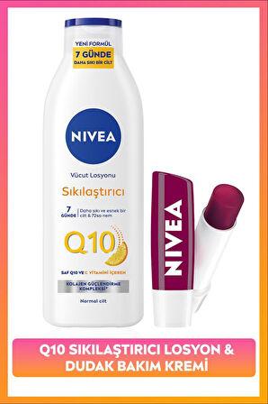Q10 Sıkılaştırıcı C Vitamini Vücut Losyonu 250ml ve Nemlendirici Böğürtlen Dudak Bakım Kremi