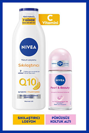 Q10 Sıkılaştırıcı Vücut Bakım Losyonu 250ml ve Kadın Roll-on Deodorant Pearl&Beauty 50ml