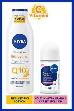 Q10 Sıkılaştırıcı Vücut Losyonu 250ml ve Kadın Roll-on Deodorant Derma Control Natural Tone 50ml