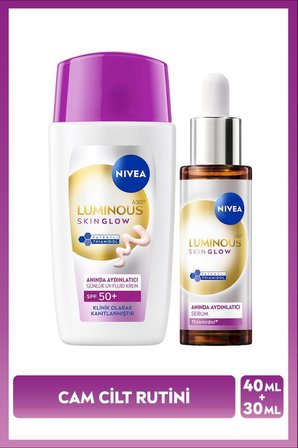 SPF50+ Güneş Koruyucu Luminous630 Skin Glow Aydınlatıcı Yüz Kremi 40ml ve Serum 30ml, Cam Cilt