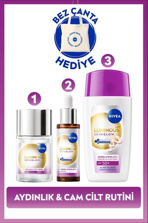 Aydınlatıcı Cilt Bakım Rutini, Yüz Güneş Kremi 40ml, Cilt Serumu 30ml ve Tonik, Bez Çanta Hediye