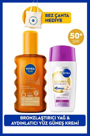 SPF50+ Luminous630 Skin Glow Güneş Koruyucu Yüz Kremi ve Bronzlaştırıcı Güneş Yağı, Çanta Hediyeli