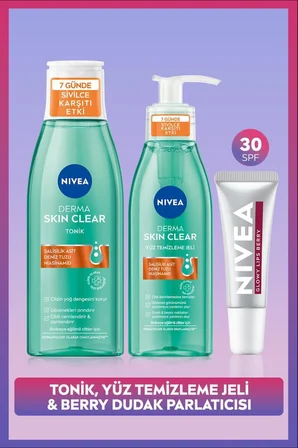 Derma Skin Clear 7 Günde Sivilce Karşıtı Tonik, Yüz Temizleme Jeli ve Berry Renkli Dudak Parlatıcı