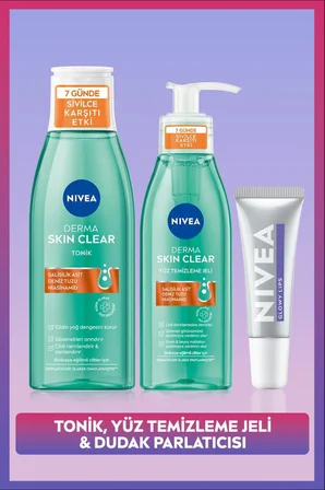 Derma Skin Clear 7 Günde Sivilce Karşıtı Tonik, Yüz Temizleme Jeli ve Glowy Lips Dudak Parlatıcısı
