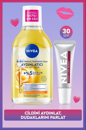 Aydınlatıcı Micellar Makyaj Temizleme Suyu 400ml ve Glowy Lips Berry Renkli Nemlendirici Dudak Kremi