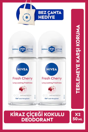 Kadın Roll-on Deodorant Fresh Cherry 50ml, Kiraz Çiçeği Kokusu, X2 Adet, Bez Çanta Hediye