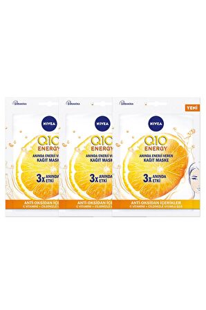 Nivea Q10 Energy Kağıt Maske, Anti-Oksidan İçerikler C Vitamini + Ciltle uyumlu Q10,1 adet x 3