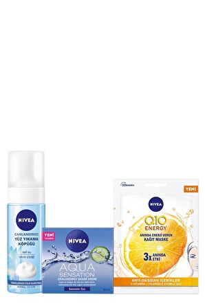 Nivea YÜZ TEMİZLEME KÖPÜĞÜ 150 ML NORMAL CİLTLER İÇİN+AQUA SENSATION KREM + Q10 KAĞIT MASKE