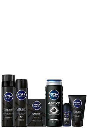 Nivea Men Deep Dimension Erkek Bakım Seti Duş Jeli, Tıraş Köpüğü ve Losyonu, Sprey ve Roll-On Deodorant, Yüz & Sakal Temizleme Jeli